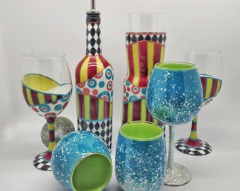 Painted Wine Glass with Whimsical Accents in Stemmed, Stemless, Carafe, or Bottle