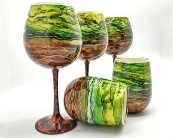 Alcohol Ink Art Hand Painted Wine Glass in Stemmed or Stemless with Green Brown and Gold Accents
