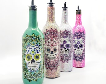 Sugar Skull Bottle for Olive Oil or Soap with Glitter and Various Color Options and Plastic Pour Spout