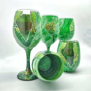 Emerald Jade Geode Agate Wine Glass Hand Painted in Stemmed or Stemless with Hydro Dipped Outer Shell