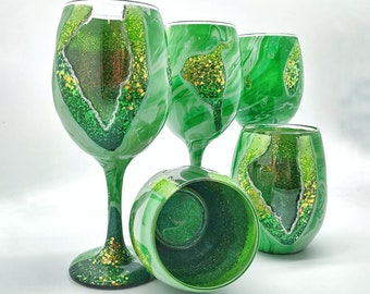 Emerald Jade Geode Agate Wine Glass Hand Painted in Stemmed or Stemless with Hydro Dipped Outer Shell