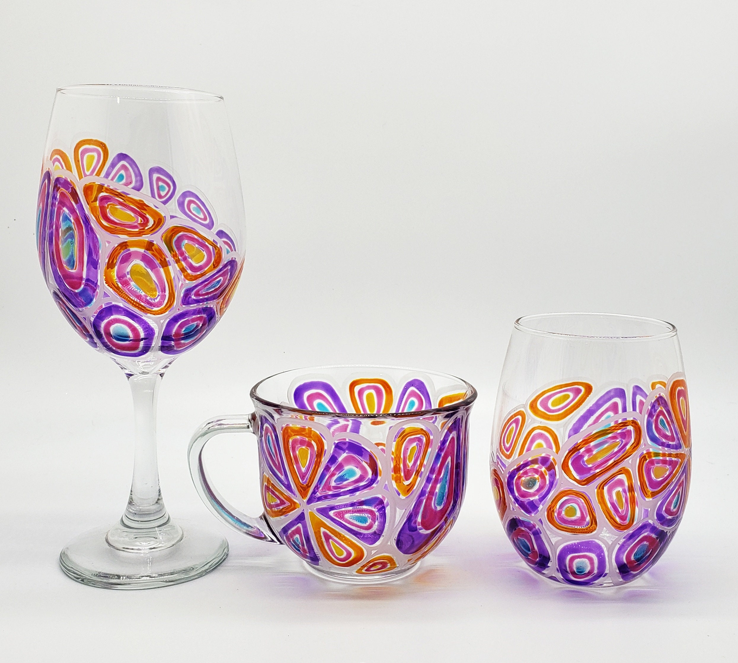 Geometric Art Wine Glass Hand Painted in a Stained Glass 