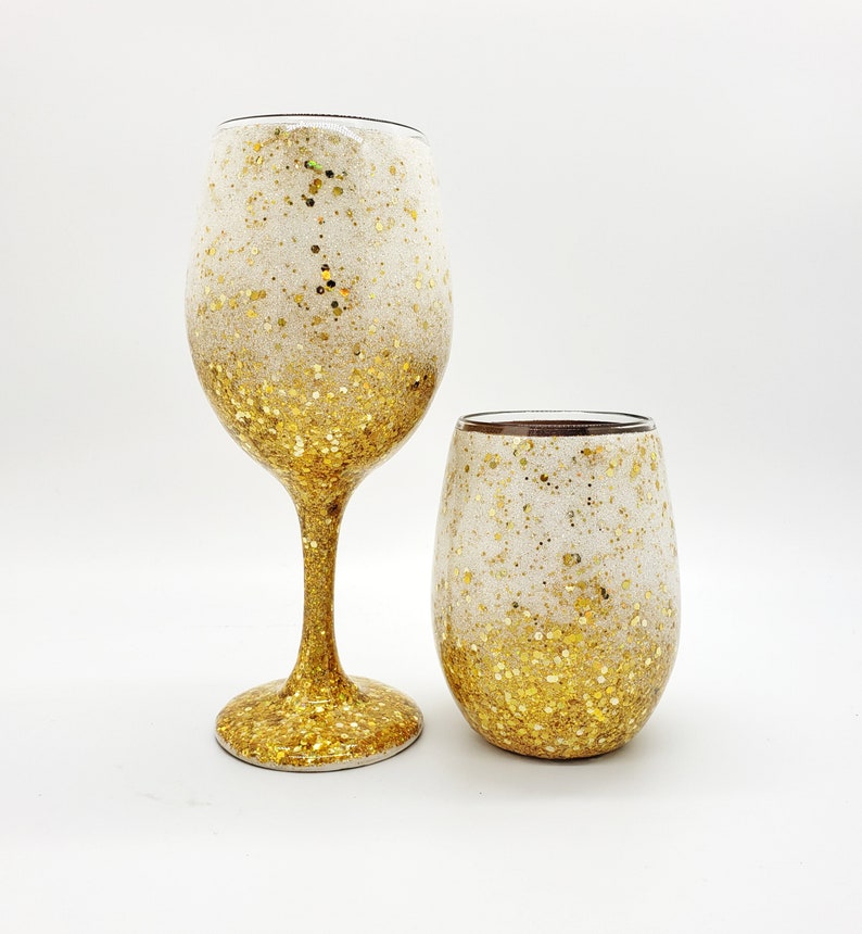 Gold Glitter Wine Glass Hand Painted With White Glitter Bling Etsy