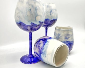 Pearl White and Purple Hand Painted Stemmed or Stemless Wine Glass for Any Occasion
