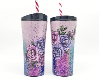 Rose Peony Tumbler Hand Painted in Purple and Pink with Color Shift Glitter
