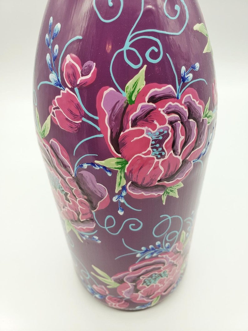 Peony Rose Bottle Hand Painted in Pink and Purple with Crystal Topper for Olive Oil Soap