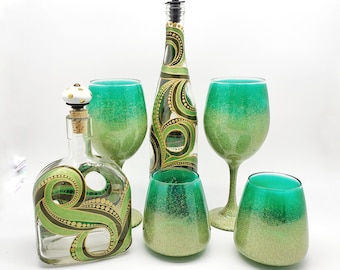 Gold Green Glitter Wine Glasses in Stemmed or Stemless or Matching Decanter