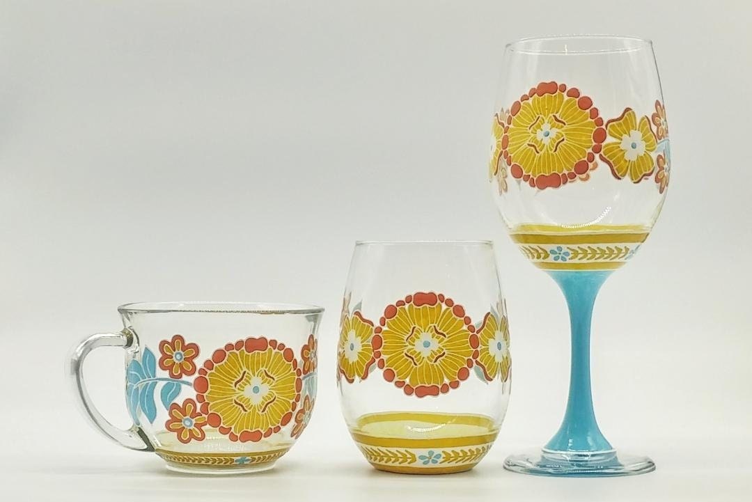 Boho Bohemian Floral Hand Painted Wine Glass in Stemmed or Stemless or Beer  Mug With Gold Accents 