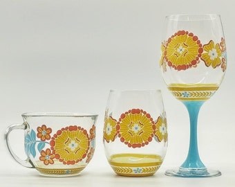 Boho Bohemian Flower Hand Painted Wine Glass in Stemmed or Stemless or Glass Coffee Mug