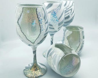 White Diamond Opal Agate and Geode Inspired Hand Painted Wine Glass in Stemmed or Stemless