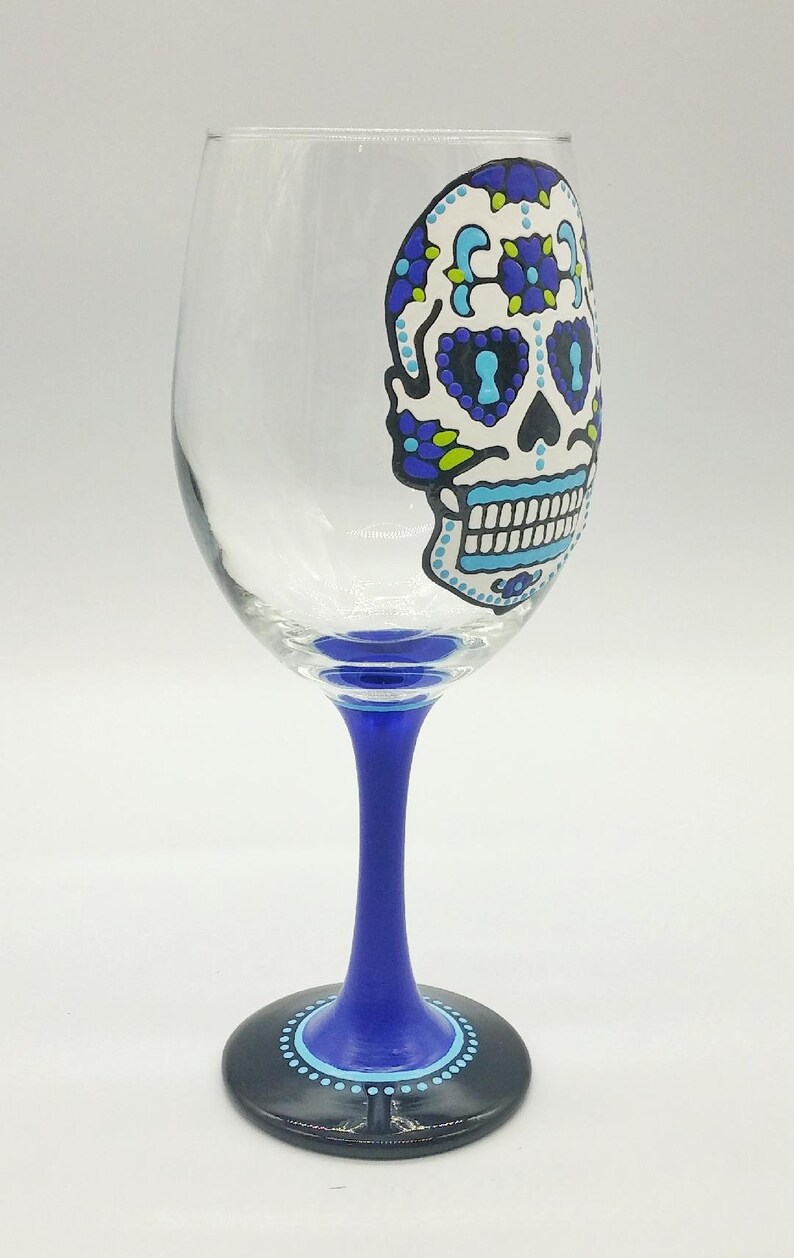Blue Sugar Skull Hand Painted Wine Glass Stemmed or Stemless Dia de los Muertos Day of the Dead