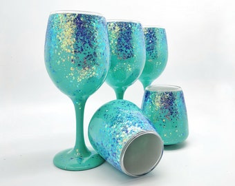 Turquoise Glitter Wine Glass in Stemmed or Stemless Hand Painted