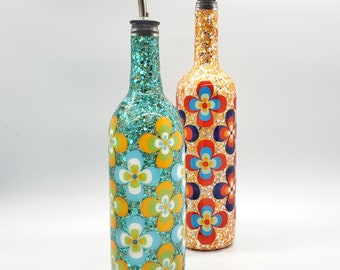 Olive Oil / Soap Bottle Hand Painted with Floral Designs and Glitter with Topper