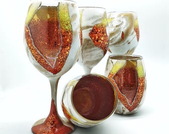 Citrine Geode Agate Inspired Hand Painted Wine Glass in Stemless or Stemmed