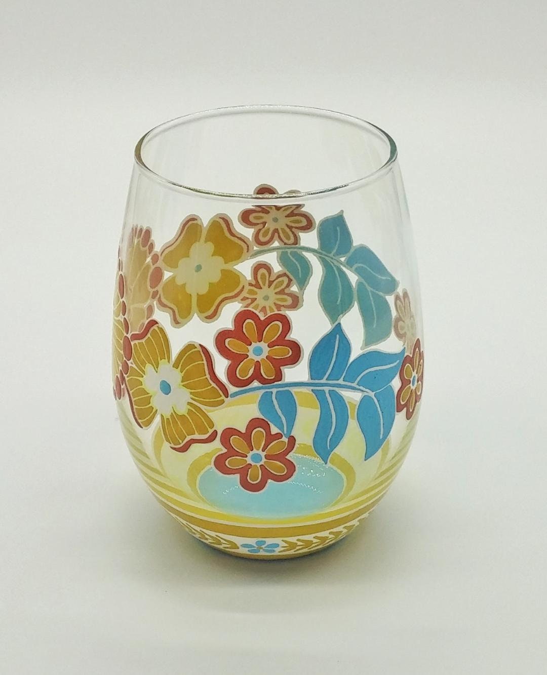 Boho Bohemian Floral Hand Painted Wine Glass in Stemmed or Stemless or Beer  Mug With Gold Accents 