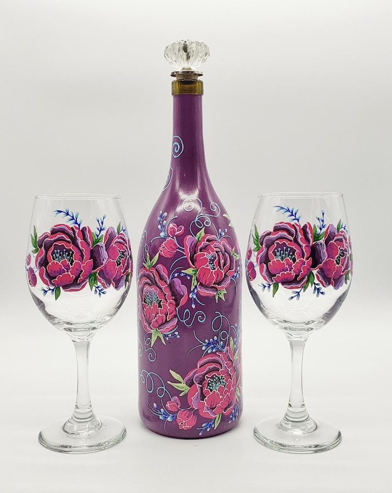 Peony Rose Bottle Hand Painted in Pink and Purple with Crystal Topper for Olive Oil Soap