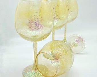 Yellow Glitter Wine Glass Hand Crafted for Birthday Anniversary Wedding All Purpose and Everday