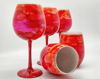 Alcohol Ink Art Sweetheart Hand Painted Wine Glasses in Orange Pink and Red
