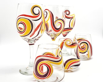 Abstract Painted Wine Glasses with Swirl Pattern in Yellow Orange Pink and White
