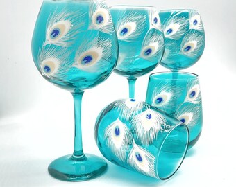 White Peacock Feather Hand Painted Glassware in Stemmed or Stemless Olive Oil Bottle or Decanter or Glitter Stainless Steel Tumbler