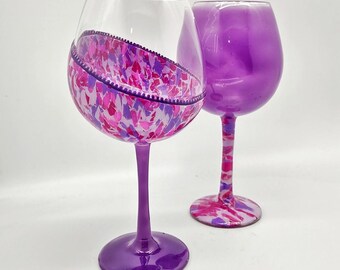Set of 2 Hand Painted Purple Wine Glasses with Alcohol Ink and Polymer Clay