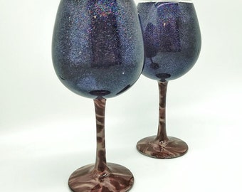 Black Onyx Glitter Hand Painted Wine Glass with Marbled Polymer Clay Stem and Base