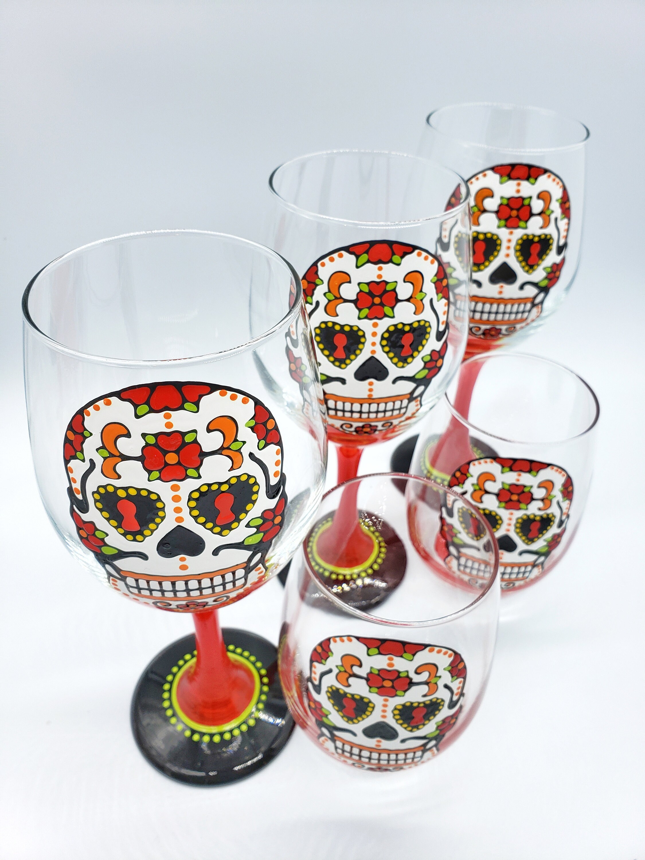 White Sugar Skull Wine Glass For Dia De Los Muertos Celebration Stemless Wine Glass White Sugar Skull Wine Glass For Dia De Los Muertos Celebration Stemless Wine Glass