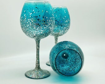 Turquoise Glitter Wine Glass or Carafe or Decanter Hand Painted for Any Occasion