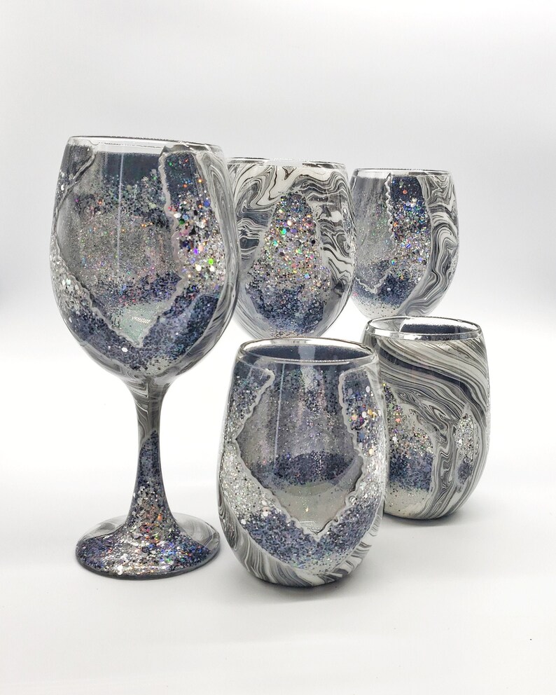Black Diamond Geode Agate Hand Pained Wine Glass in Stemmed or Etsy