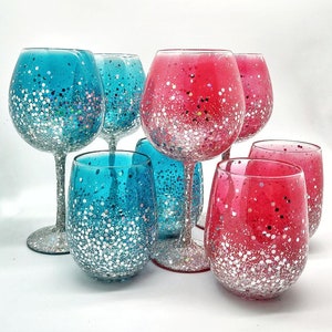 Silver Glitter Wine Glasses Hand Painted in Turquoise or Pink in Stemmed or Stemless