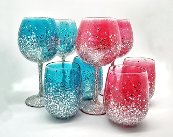 Silver Glitter Wine Glasses Hand Painted in Turquoise or Pink in Stemmed or Stemless