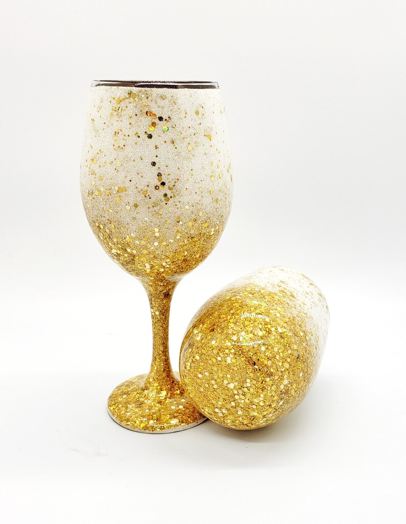 Gold Glitter Wine Glass Hand Painted With White Glitter Bling Etsy