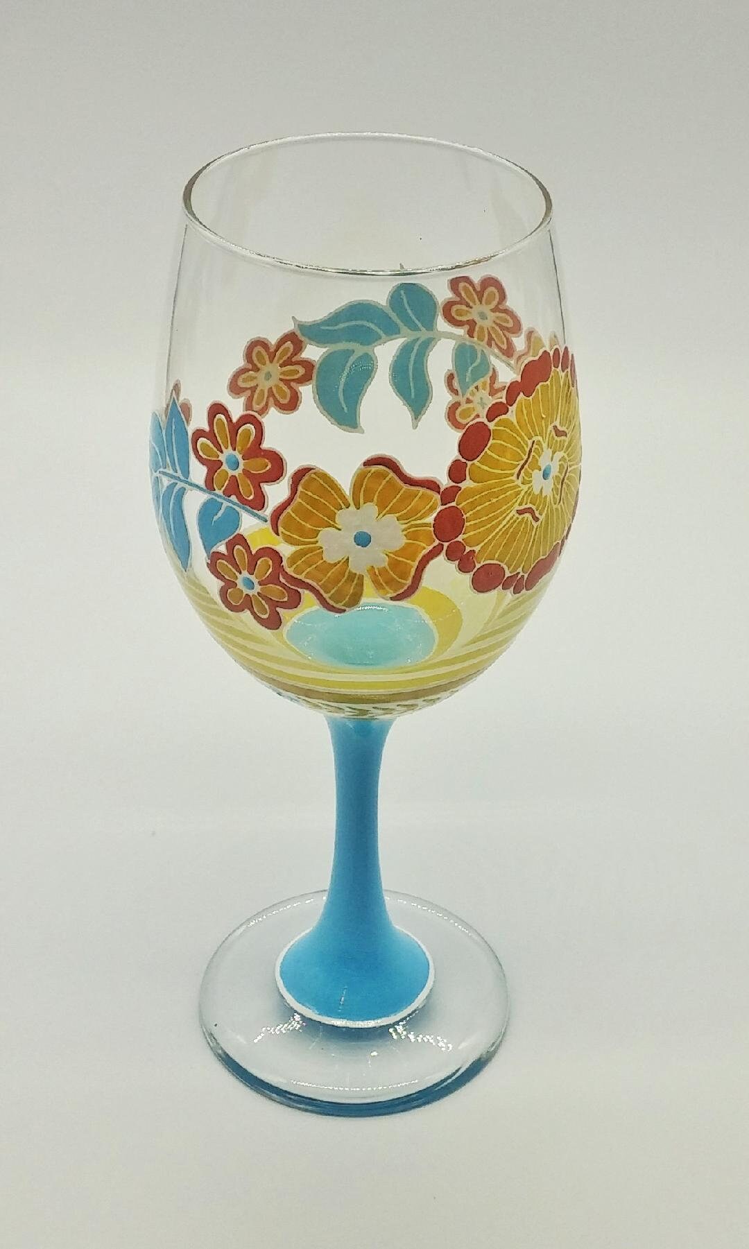Boho Bohemian Floral Hand Painted Wine Glass in Stemmed or Stemless or Beer  Mug With Gold Accents 