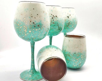 Gold Turquoise Glitter Wine Glass in Stemmed or Stemless Hand Painted  for any Occasion