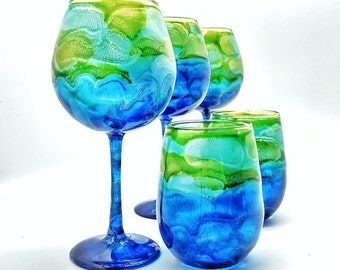 Alcohol Ink Water Color Effect Hand Painted Wine Glass in Blue and Green in Stemmed or Stemless