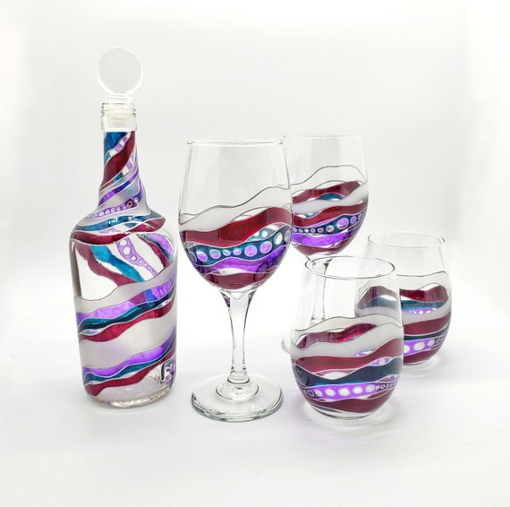 Stained Glass Abstract Hand Painted Wine Glasses in Stemmed