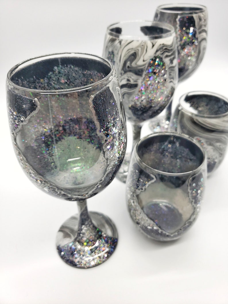 Black Diamond Geode Agate Hand Pained Wine Glass in Stemmed or Etsy