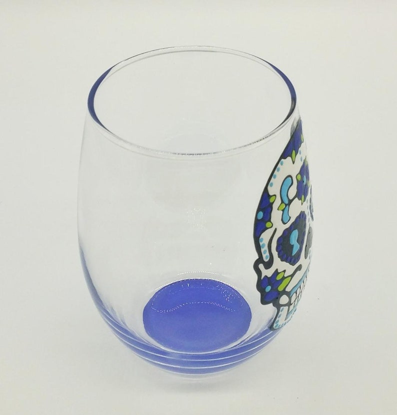 Blue Sugar Skull Hand Painted Wine Glass Stemmed or Stemless Dia de los Muertos Day of the Dead