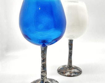 Set of 2 Hand Painted Wine Glasses with Blue White and Copper Polymer Clay Stems