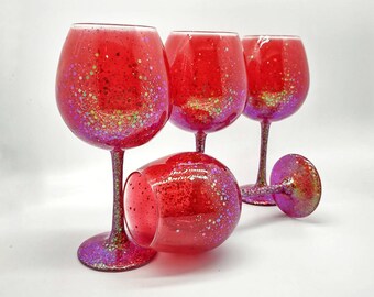 Ruby Red Glitter Wine Glass Hand Painted with Color Shifting Glitter