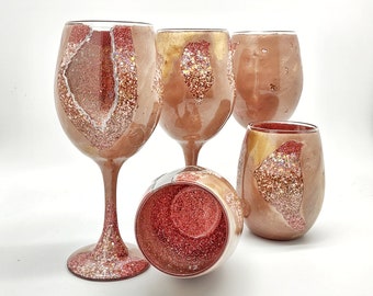 Rose Gold Geode Agate Inspired Wine Glasses Hand Painted in Stemmed or Stemless with Glitter