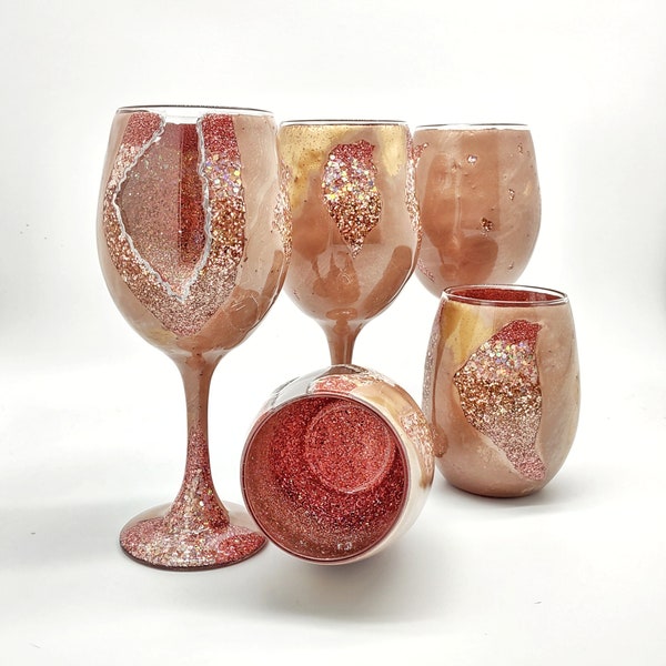 Rose Gold Geode Agate Inspired Wine Glasses Hand Painted in Stemmed or Stemless with Glitter