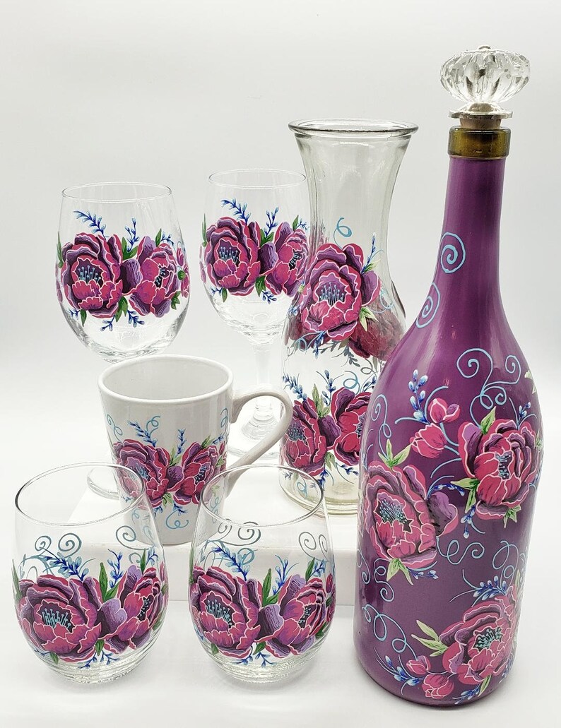 Peony Rose Bottle Hand Painted in Pink and Purple with Crystal Topper for Olive Oil Soap