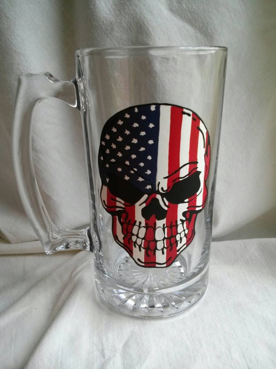Items similar to American Flag Skull Hand Painted Beer Mug on Etsy