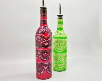 Bohemian Decorative Bottles Hand Painted for Olive Oil or Soap in Green or Pink