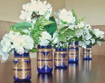 Blue Jar Vase Set in Royal Blue and Gold in a Boho Bohemian Pattern Lantern Candle Holder