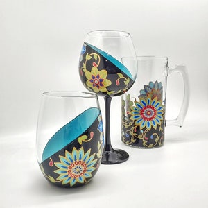 Boho Bohemian Floral Hand Painted Wine Glass in Stemmed or Stemless or Beer Mug with Gold Accents