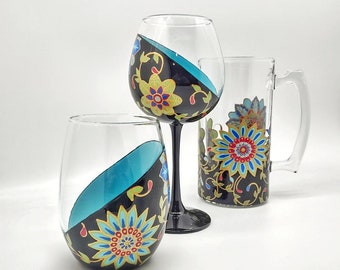 Boho Bohemian Floral Hand Painted Wine Glass in Stemmed or Stemless or Beer Mug with Gold Accents