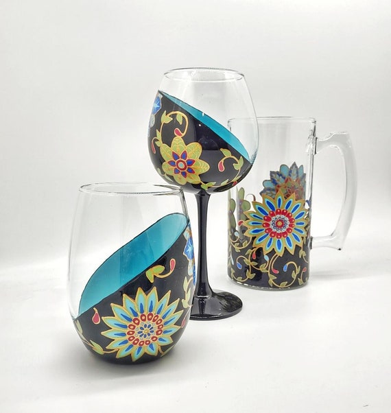 Boho Bohemian Floral Hand Painted Wine Glass in Stemmed or Stemless or Beer  Mug With Gold Accents 