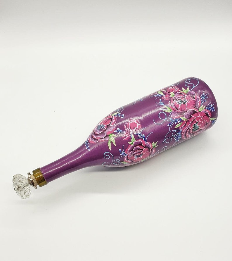 Peony Rose Bottle Hand Painted in Pink and Purple with Crystal Topper for Olive Oil Soap